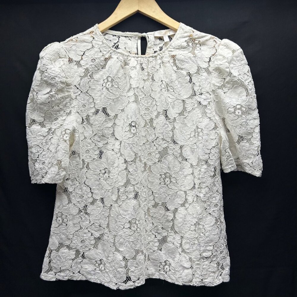 WAYF Women's Lace Puff Sleeve Top L Cream Key Hole Tie Neck